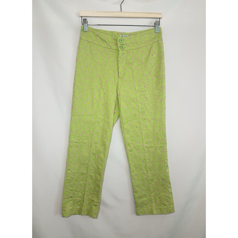 Will's River Co. VTG Green Pink Floral Embroidered Pants Retro Bright‎ Women's 8